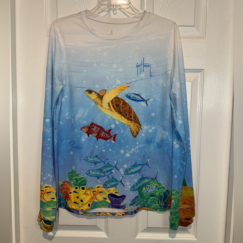 Guy Harvey Marine Life Long Sleeve Shirt - Blue and Green. Size M